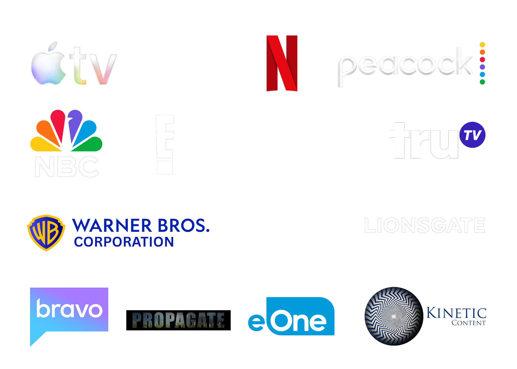 Selected networks and studios — Apple TV, ABC, Netflix, Peacock, NBC, E!, Fox, truTV, Warner Bros., Hartbeat, Lionsgate, Bravo, Propagate, eOne, Kinetic Content